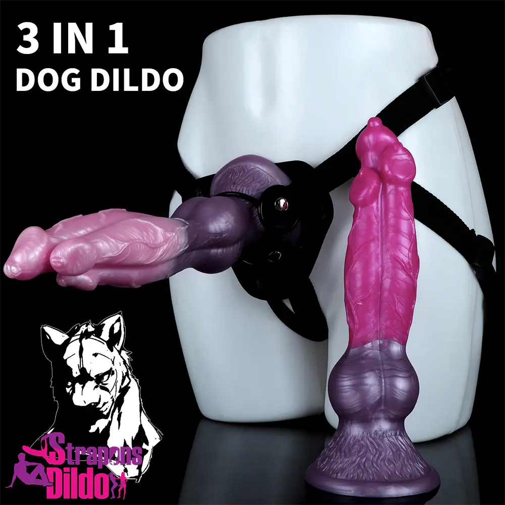 10.63in Fantasy Big Dog Knot Penis Animal 3in1 Head Silicone Soft Dildo Strap ons Dildo