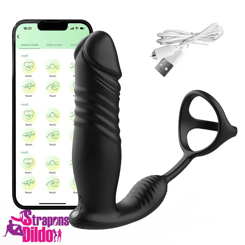 5.91in Black Auto Vibrating Thrusting APP Controlled Dildo With Penis Ring Strap ons Dildo