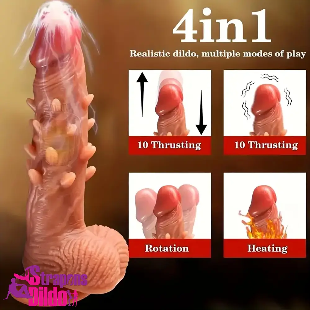 8.66in Unisex Spiked Vibrating Thrusting Rotation Silicone Heated Dildo Strap ons Dildo