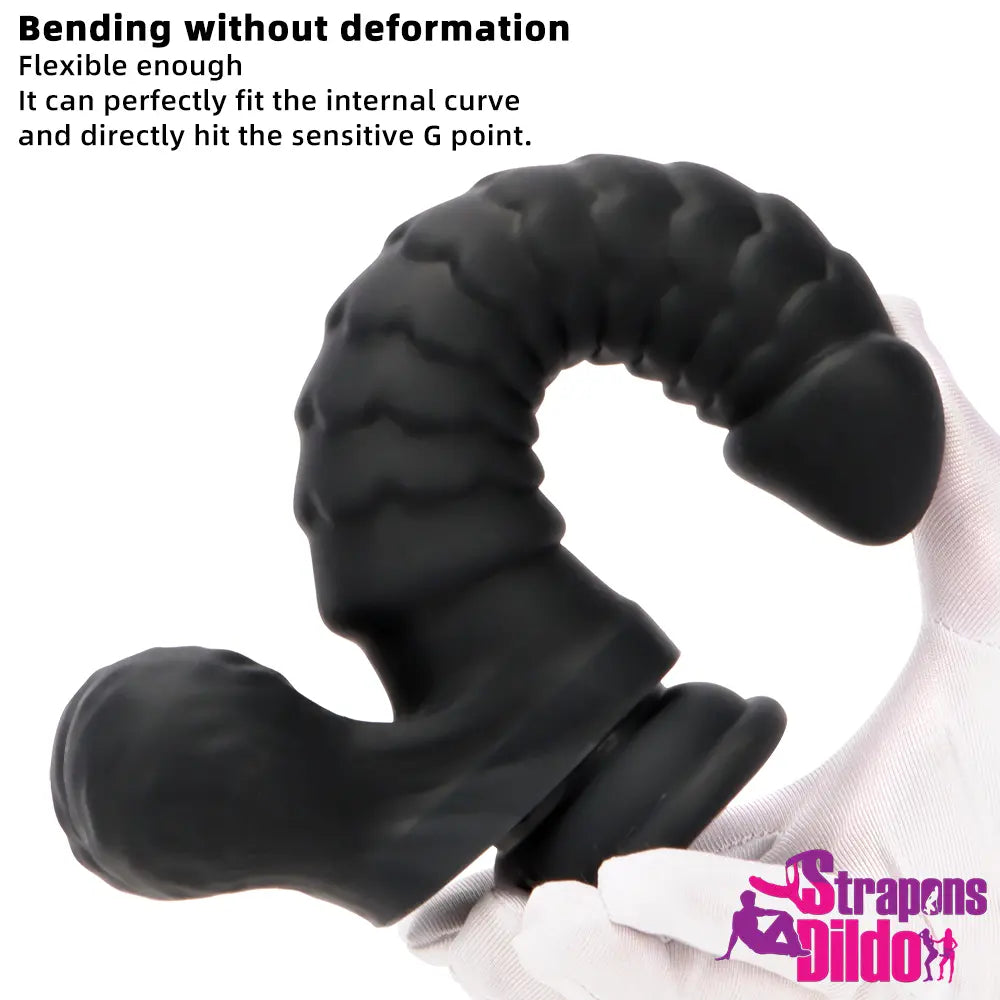 8.07in Big Black Odd Double Layer Silicone Flexible Scale Caterpillar Dildo Strap ons Dildo