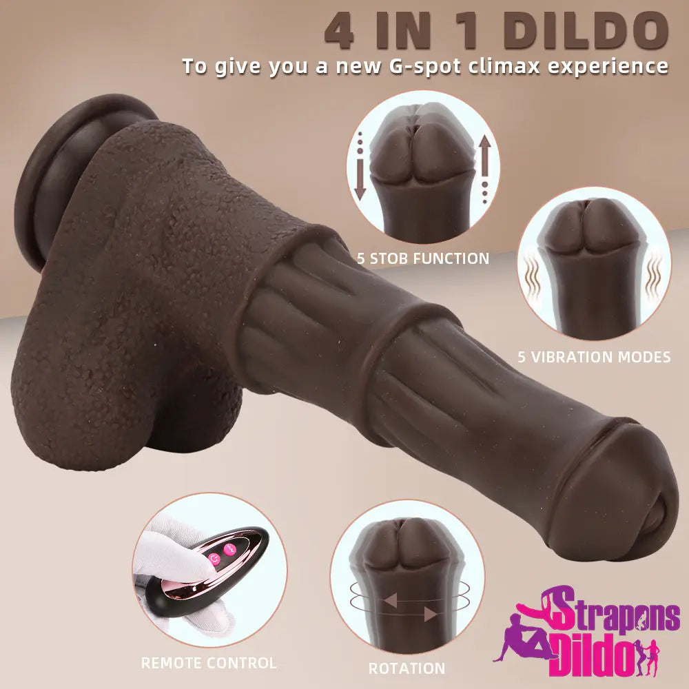 9.05in Ebony 4in1 Horse Heating Thrusting Vibrating Rotation Remote Dildo Strap ons Dildo