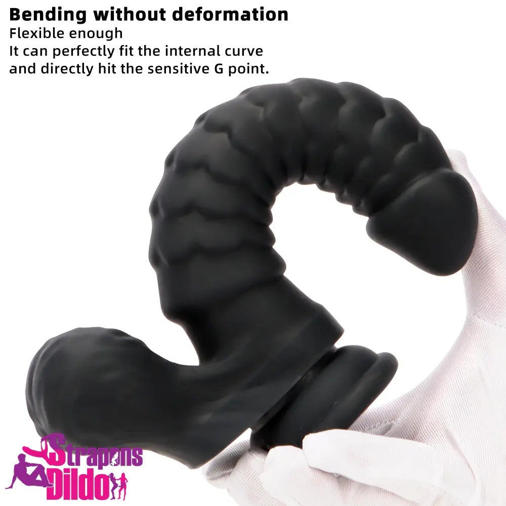 8.07in Big Black Odd Dual Layer Silicone Soft Scale Caterpillar Dildo Strap ons Dildo