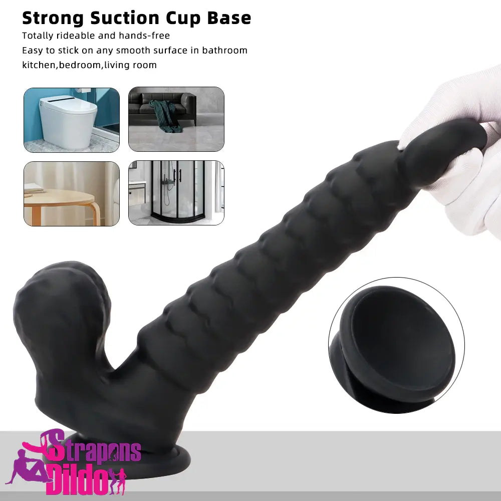 8.07in Big Black Odd Dual Layer Silicone Soft Scale Caterpillar Dildo Strap ons Dildo