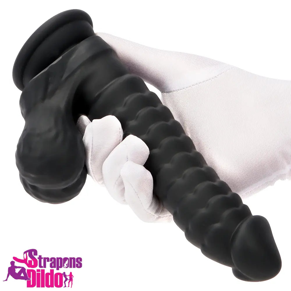 8.07in Big Black Odd Dual Layer Silicone Soft Scale Caterpillar Dildo Strap ons Dildo