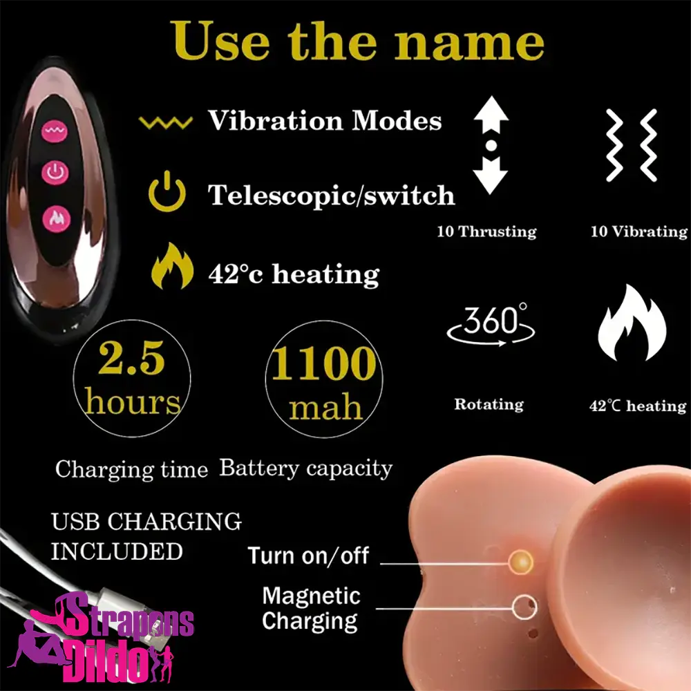 9in Ebony 4in1 Heating Thrusting Vibrating Rotation Remote Auto Dildo Strap ons Dildo