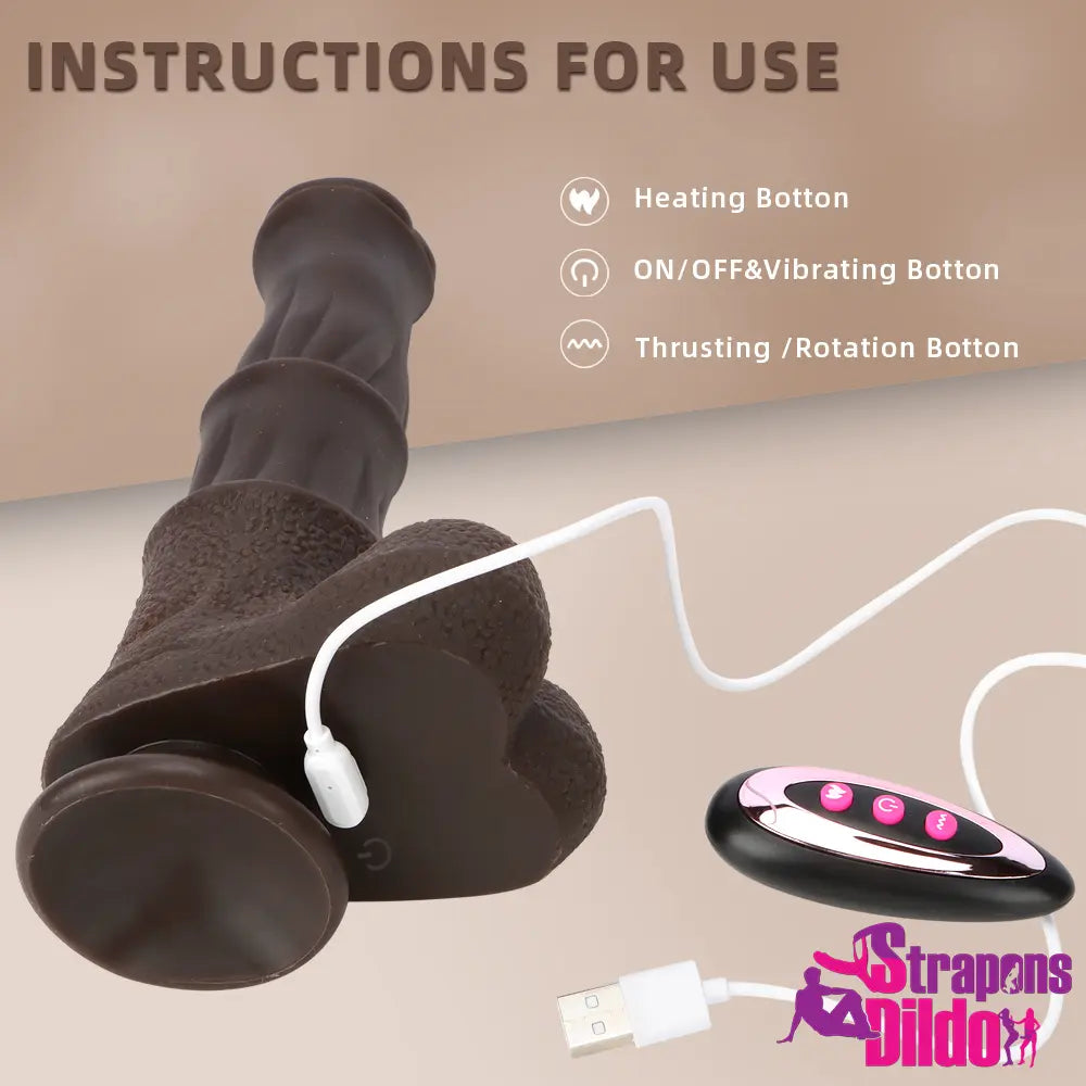 9.05in Ebony 4in1 Horse Heating Thrusting Vibrating Rotation Remote Dildo Strap ons Dildo