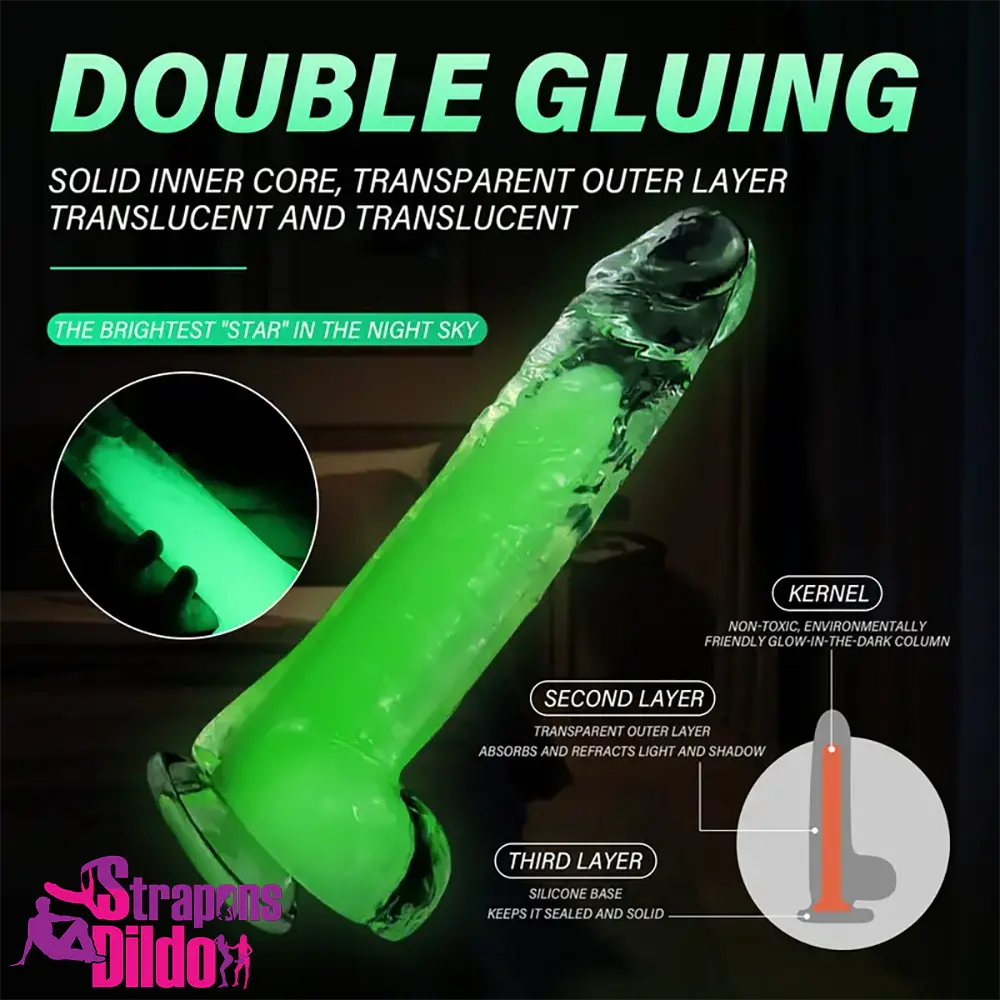 6.5in 7.3in 8.26in 9.44in Luminous Crystal Cock Soft Double-Layer Dildo Strap ons Dildo